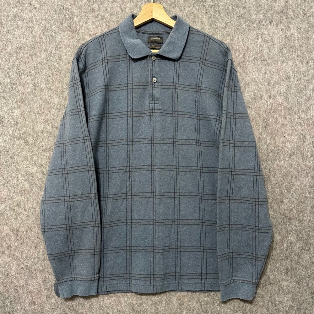 Arrow Mens Size Largeโ Long Sleeve Polo Shirt Blue Gray Grid Pattern Classic Fit